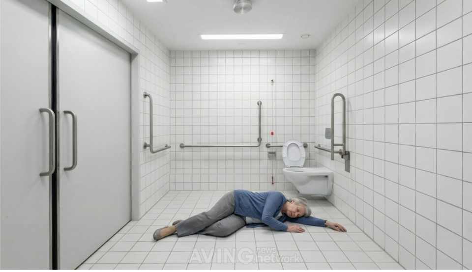 공공 화장실 내부에서 고령 이용자가 바닥에 쓰러진 상황을 연출한 이미지. 영상 촬영 없이도 낙상 및 이상 행동을 감지하는 비영상 AI 안전 솔루션의 적용 환경을 보여준다. 이미지 - AI 생성 | 제공 - 유니유니