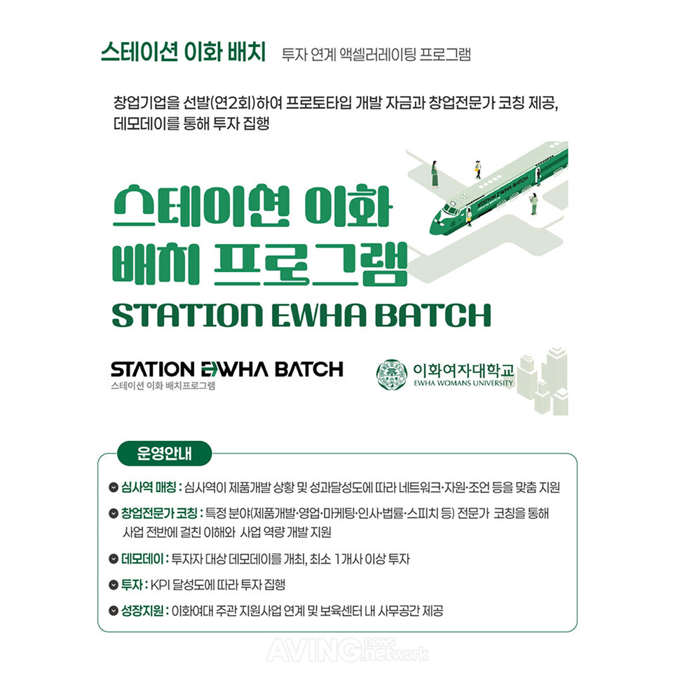 이화여대 기술지주가 대학 기술지주로는 처음 도입한 자체 배치 프로그램 '스테이션 이화 배치(STATION EWHA BATCH)' 안내 이미지. 창업기업을 선발해 프로토타입 개발 자금과 창업 전문가 코칭을 지원하고 데모데이를 거쳐 투자로 연결하는 구조로, 발굴부터 육성과 투자까지 한 줄로 잇는 '연결의 사다리'를 상징한다. | 제공 - 이화여대 기술지주